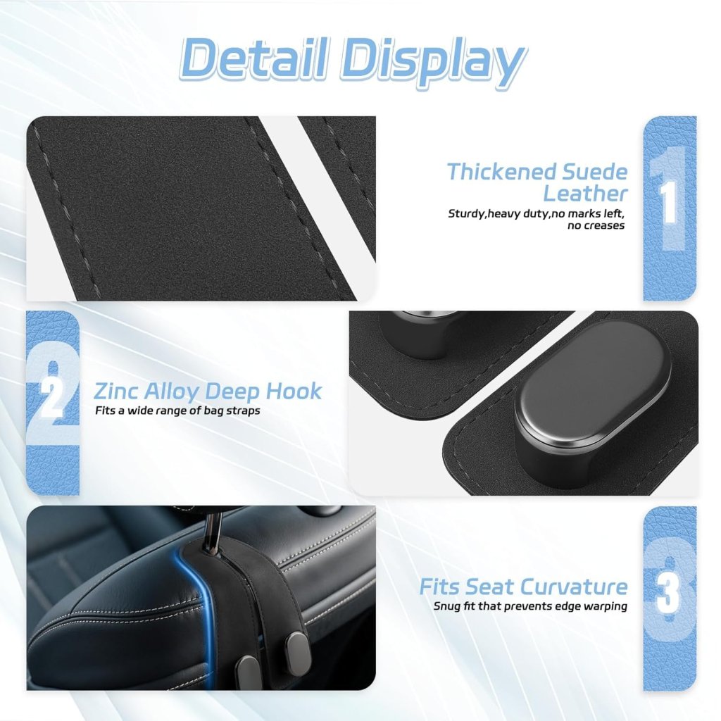 Leather car seat headrest hook by FIZZI SHOP attached to a headrest for hanging bags and accessories in a vehicle.