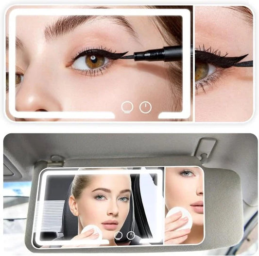 Rechargeable FIZZI SHOP vanity mirror for cars with LED lights, featuring a compact design and adjustable brightness.