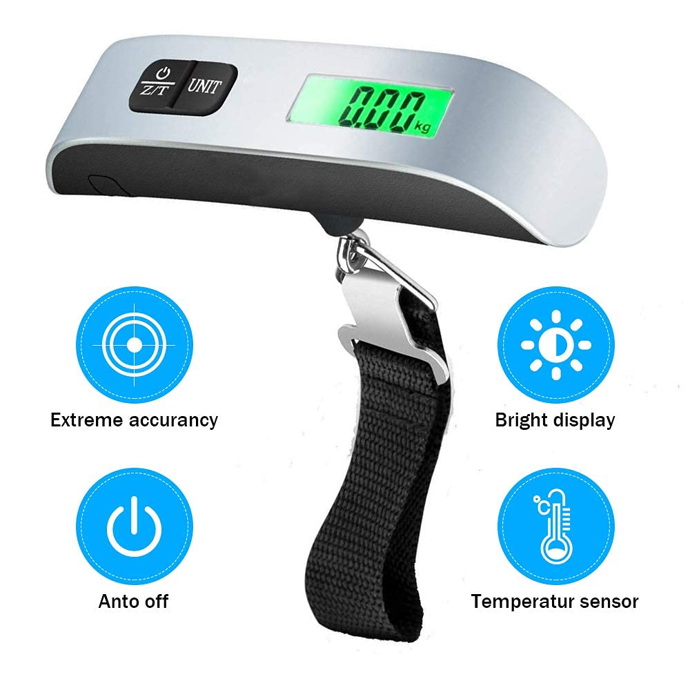 FIZZI SHOP metal luggage weight scale showing weight measurement, compact design with digital display for travel baggage checks.