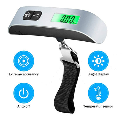 FIZZI SHOP metal luggage weight scale showing weight measurement, compact design with digital display for travel baggage checks.