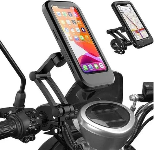 Waterproof motorcycle and bicycle mobile stand by FIZZI SHOP, holding a smartphone securely on a bike or motorcycle handlebar.