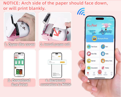 Rechargeable FIZZI SHOP Mini Bluetooth Thermal Printer with compact design and paper roll, ideal for mobile printing needs.