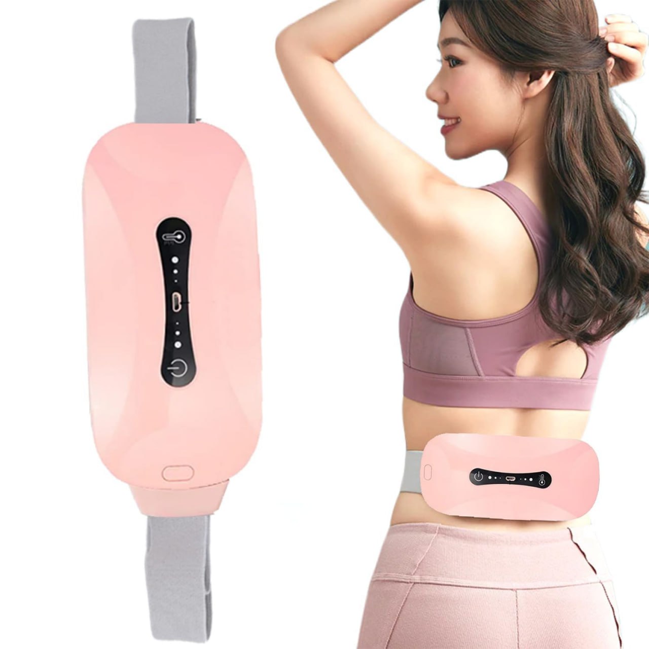 FIZZI SHOP electric heating belt for period pain relief, showing adjustable strap and heating controls on a woman’s abdomen.