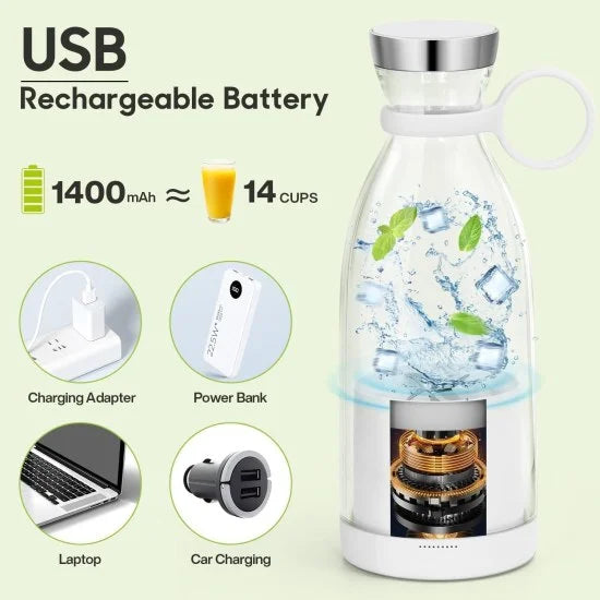 Mini portable bottle-shaped juicer from FIZZI SHOP, showing its compact design and colorful plastic body for fresh juice on the go.