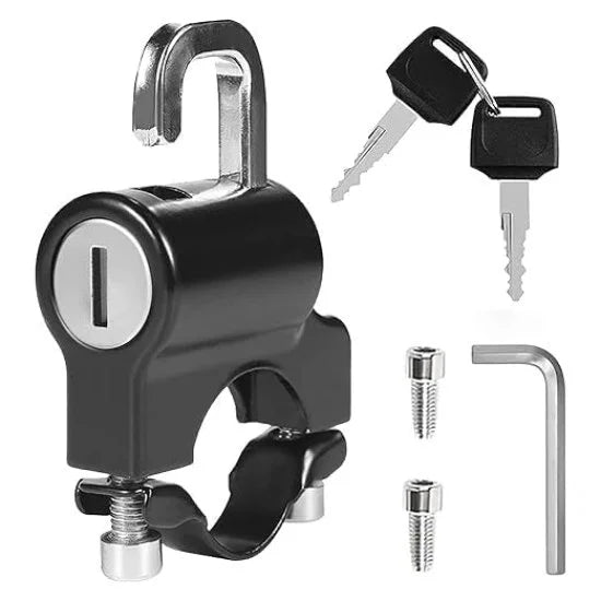 FIZZI SHOP bike helmet lock securing a helmet to a bicycle, made of durable metal with a key lock mechanism.