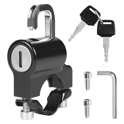 FIZZI SHOP bike helmet lock securing a helmet to a bicycle, made of durable metal with a key lock mechanism.