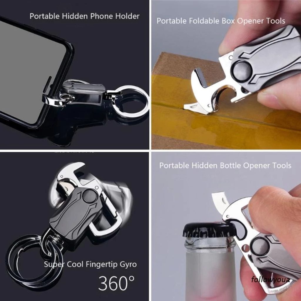 FIZZI SHOP JK SIDHU 5-in-1 keychain spinner with multiple rotating sections and a compact design on a white background.
