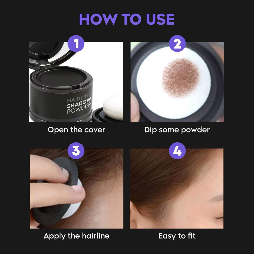 FIZZI SHOP Black Hair Line Powder applied along hairline showing natural look and coverage for hair thinning areas.