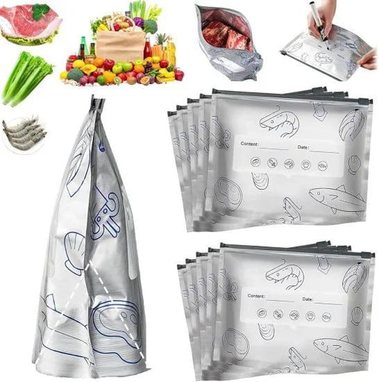 Ten aluminum foil bags for food storage, featuring durable, resealable design perfect for keeping snacks and perishable items fresh.