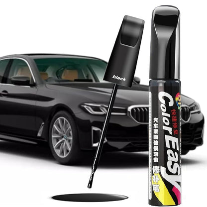 Black car scratch repair paint pen by FIZZI SHOP, showing the pen and a car with a repaired scratch on the vehicle's surface.