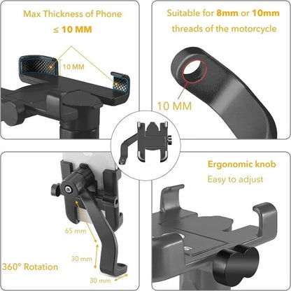 Waterproof FIZZI SHOP motorcycle and bicycle mobile phone stand mounted on a handlebar, designed for secure smartphone support during rides.