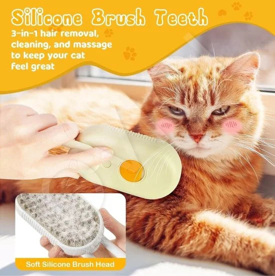 FIZZI SHOP 3-in-1 Pet Steam Brush showing a handheld device with steam nozzle for grooming pets efficiently
