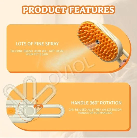 FIZZI SHOP 3 in 1 Pet Steam Brush showing the handheld device with steam nozzle and brush head for pet grooming and cleaning