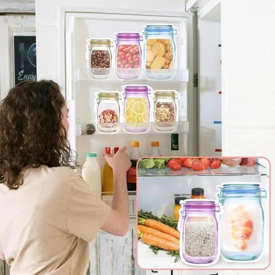 Three FIZZI SHOP food storage jar zip lock bags containing various dry foods, transparent with secure sealing.