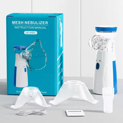 Mini portable mesh nebulizer by FIZZI SHOP, showing compact device with mist outlet and control buttons on a clean surface.