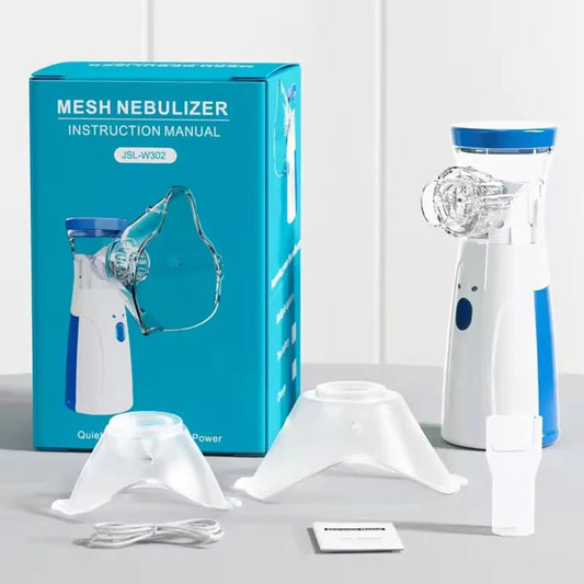 Mini portable mesh nebulizer by FIZZI SHOP, showing compact device with mist outlet and control buttons on a clean surface.