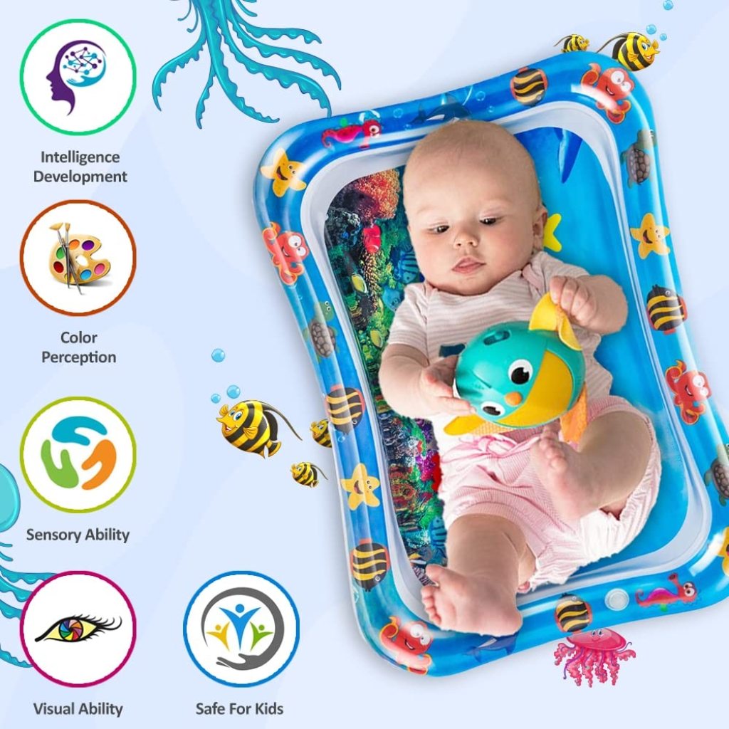 FIZZI SHOP JK SIDHU baby play water mat with colorful floating toys and soft surface for infants to enjoy tummy time.