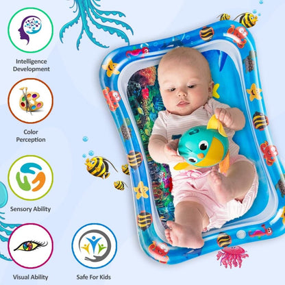FIZZI SHOP JK SIDHU baby play water mat with colorful floating toys and soft surface for infants to enjoy tummy time.