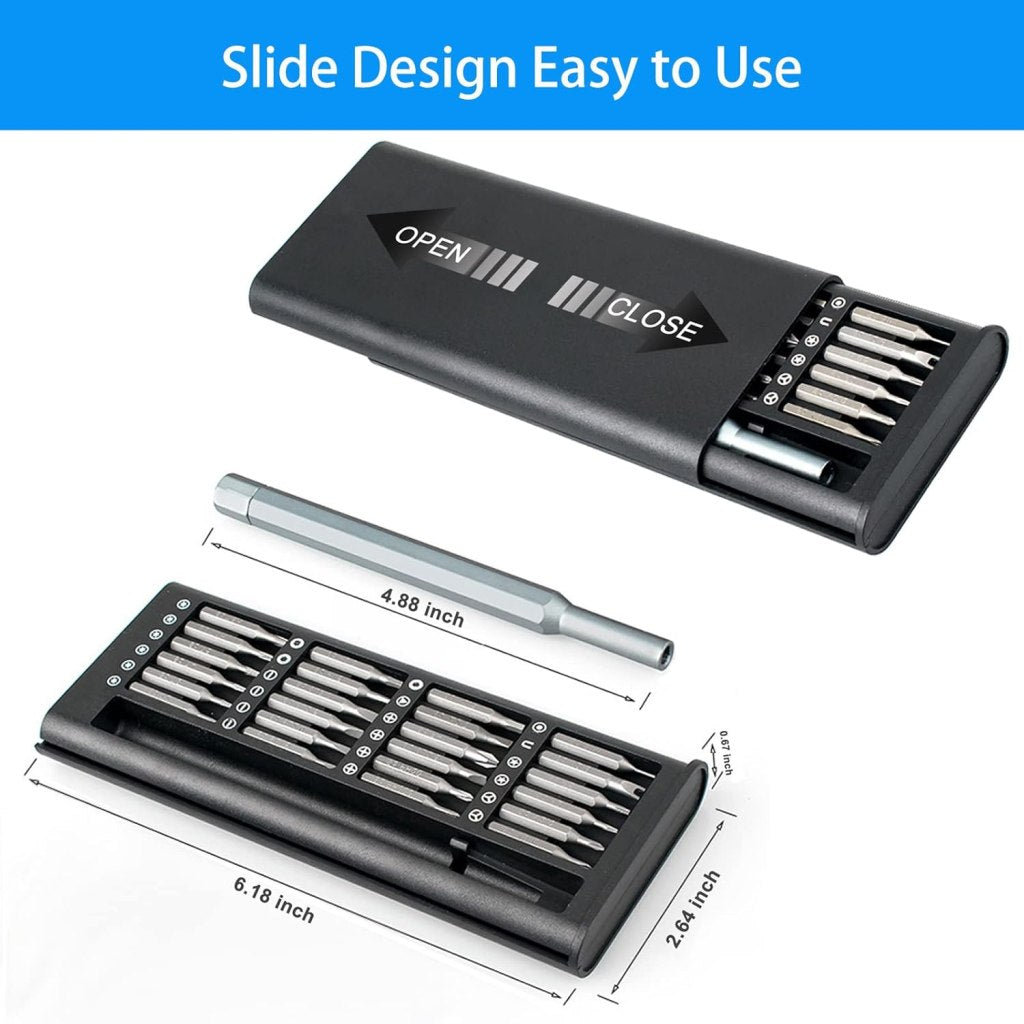 FIZZI SHOP 24-in-1 screwdriver set with various metal screwdrivers and bits displayed on a white background.