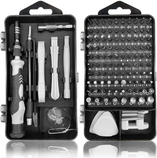 FIZZI SHOP 115-in-1 screwdriver set with various screwdriver bits and tools laid out on a white background for versatile repairs.