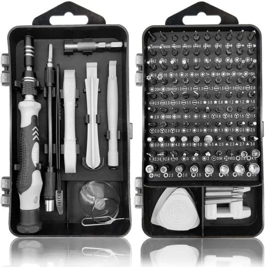 FIZZI SHOP 115-in-1 screwdriver set with various screwdriver bits and tools laid out on a white background for versatile repairs.