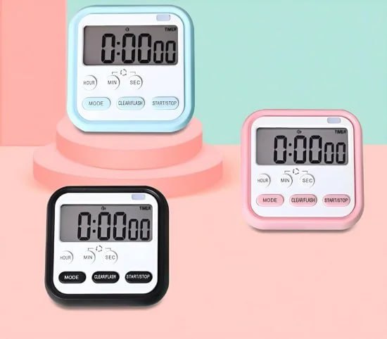 Digital kitchen timer and alarm clock by FIZZI SHOP JK SIDHU, featuring a sleek display and easy-to-use buttons for cooking and timing.
