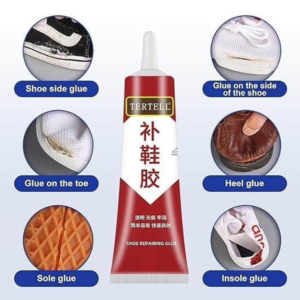FIZZI SHOP shoe repairing glue applied to a leather shoe for strong, durable repair and bonding.