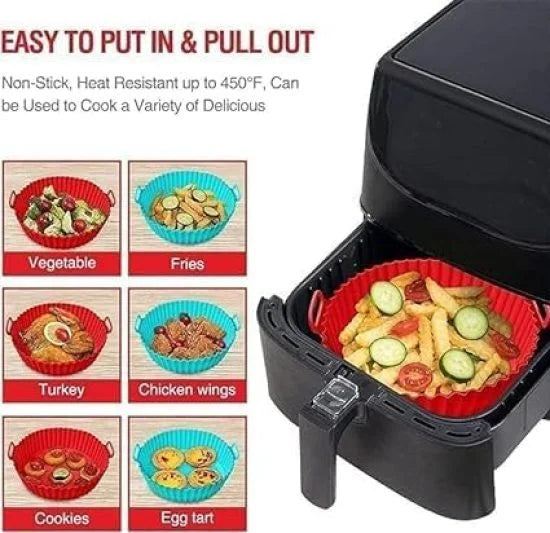 Six FIZZI SHOP air fryer silicone pots arranged in a group, flexible and heat-resistant kitchen accessories for air fryer cooking.