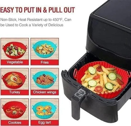 Six FIZZI SHOP air fryer silicone pots arranged in a group, flexible and heat-resistant kitchen accessories for air fryer cooking.