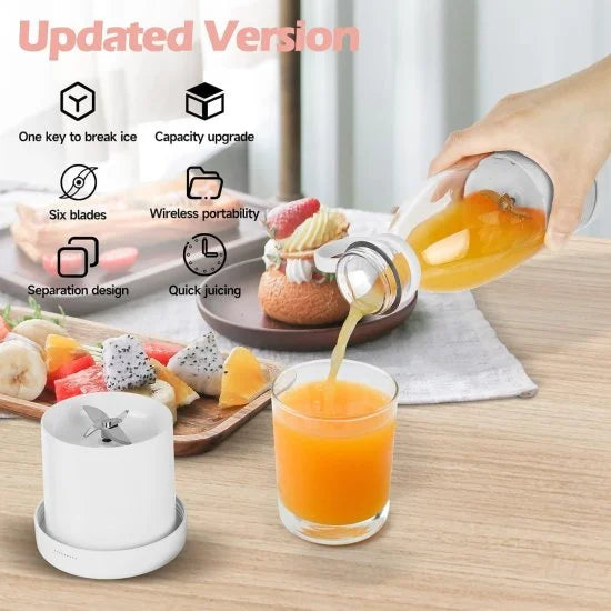 Mini portable bottle-shaped juicer by FIZZI SHOP, showing the compact design and blending mechanism inside the transparent container.