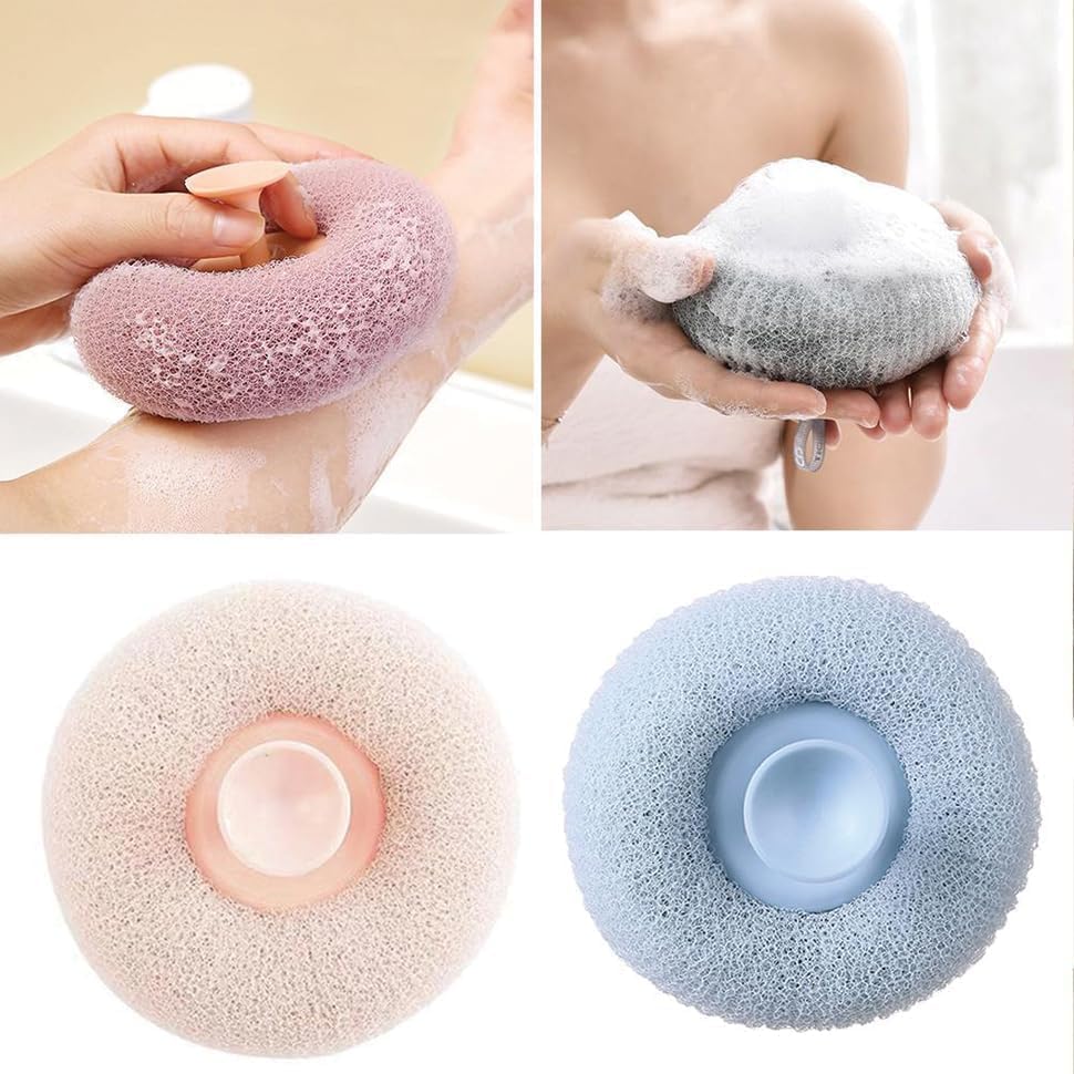 Round loofah scrubbing brush from FIZZI SHOP with natural fiber bristles for exfoliating and cleaning skin.