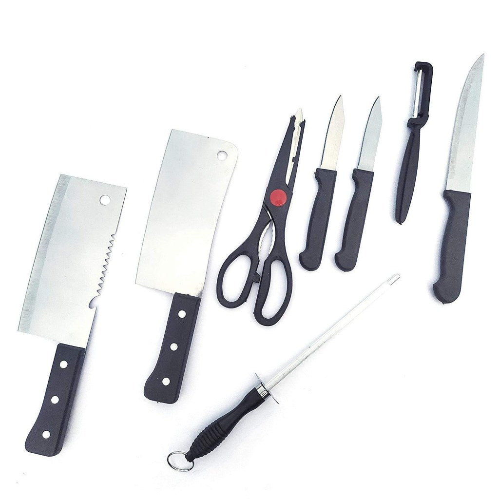 FIZZI SHOP JK SIDHU 8-piece knife set with stainless steel blades and ergonomic handles on a wooden block.