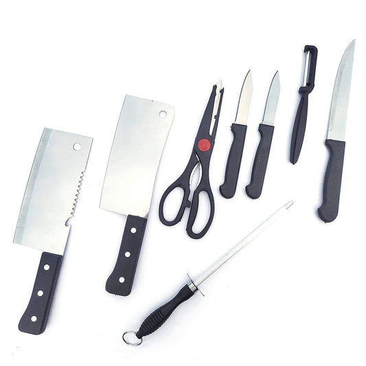FIZZI SHOP JK SIDHU 8-piece knife set with stainless steel blades and ergonomic handles on a wooden block.