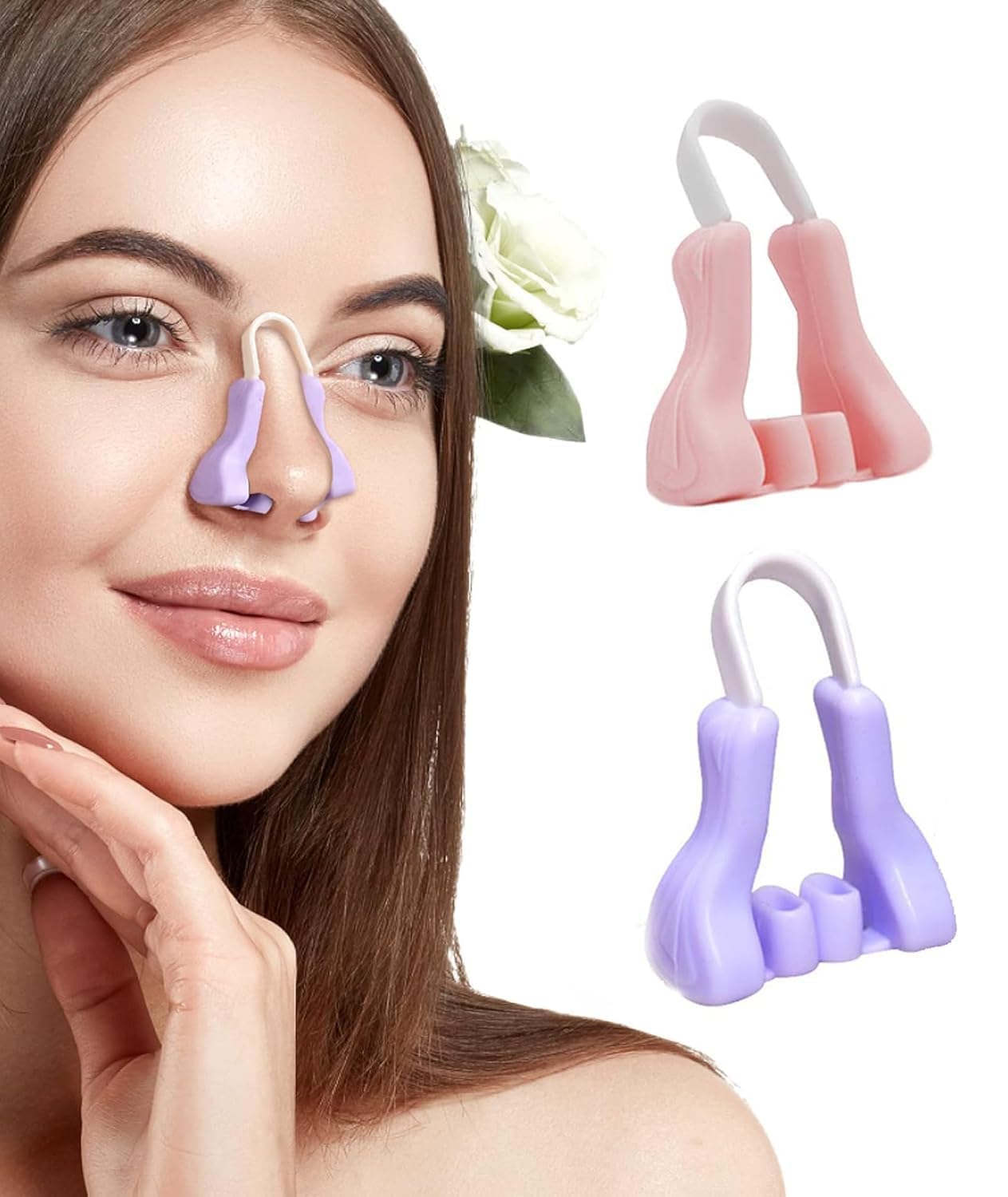 FIZZI SHOP Nose Up Clip for shaping and lifting the nose, shown on a model with the clip applied to the nose.