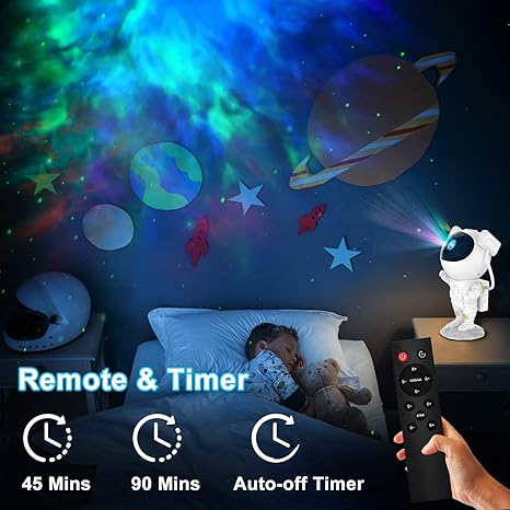 FIZZI SHOP astronaut star projection light displaying a cosmic scene with star and planet patterns on a wall.