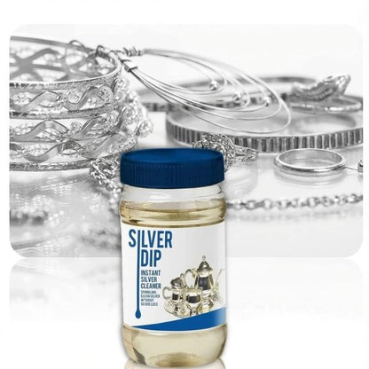 Silver dip cleaner liquid from FIZZI SHOP in a clear bottle, designed for cleaning and restoring silverware and jewelry.