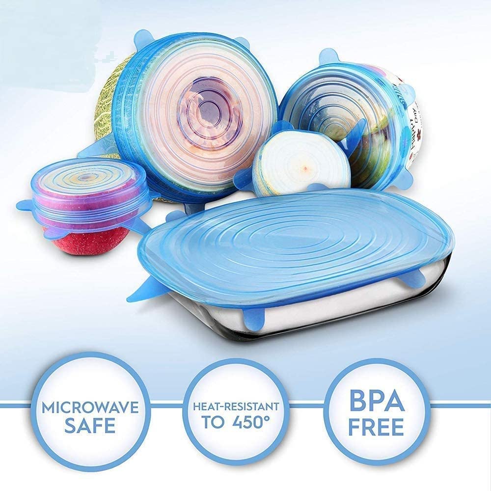 Six silicone lid covers in various sizes from FIZZI SHOP, designed to fit different containers and keep food fresh.