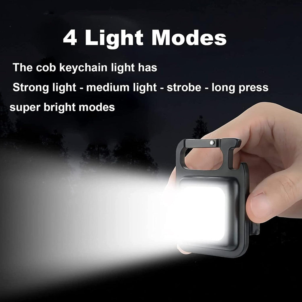 Rechargeable LED Cob keychain light from FIZZI SHOP JK SIDHU, showing a compact black keychain with LED light and USB charging port.