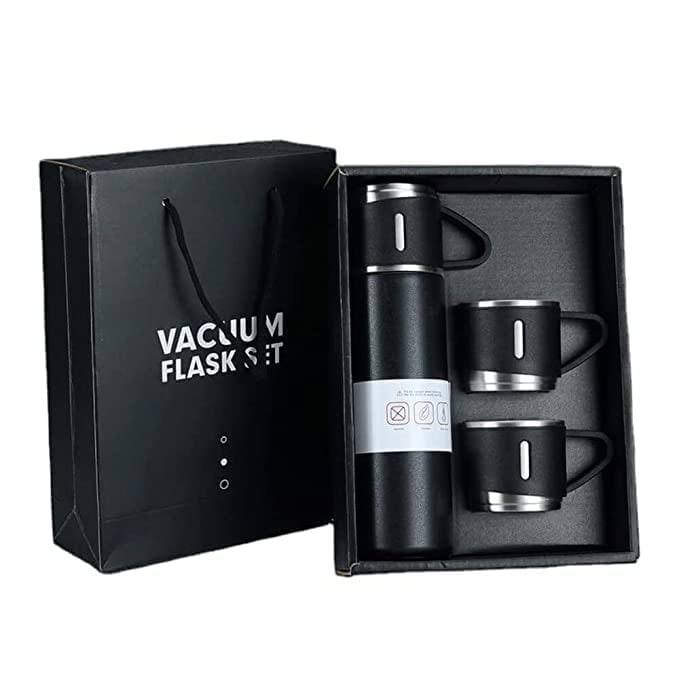 FIZZI SHOP JK SIDHU vacuum flask set with two stainless steel thermal bottles and matching cups for hot and cold drinks.