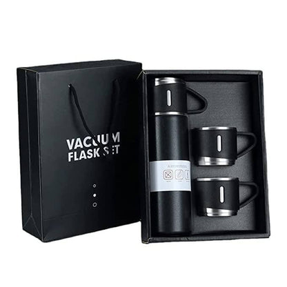 FIZZI SHOP JK SIDHU vacuum flask set with two stainless steel thermal bottles and matching cups for hot and cold drinks.