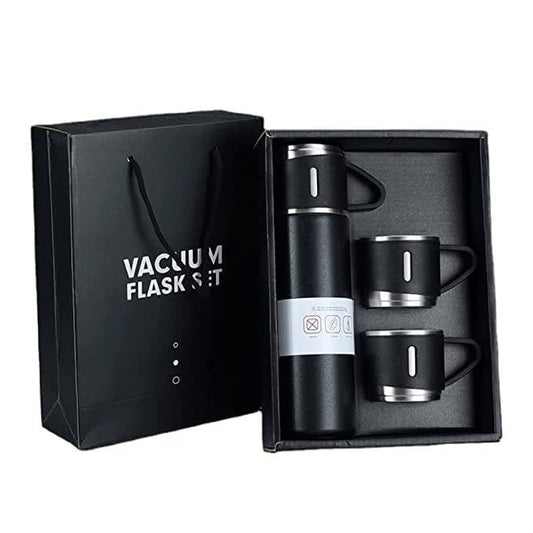 FIZZI SHOP JK SIDHU vacuum flask set with two stainless steel thermal bottles and matching cups for hot and cold drinks.