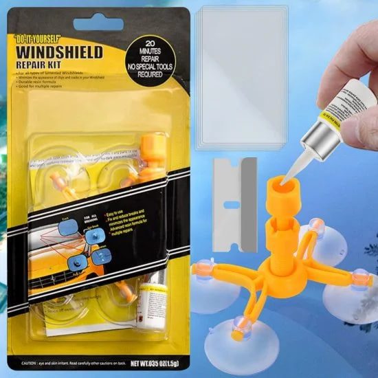FIZZI SHOP automotive windshield repair kit with tools and resin for fixing cracks and chips on car windshields.