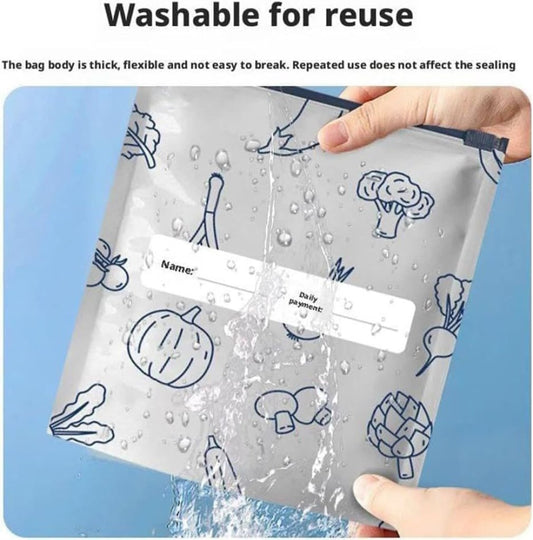 Ten aluminum foil food storage bags with resealable tops, ideal for keeping snacks, leftovers, and perishables fresh.
