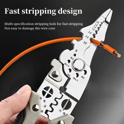 FIZZI SHOP 9-in-1 wire stripper plier showing adjustable blades and ergonomic handle for cutting and stripping electrical wires.