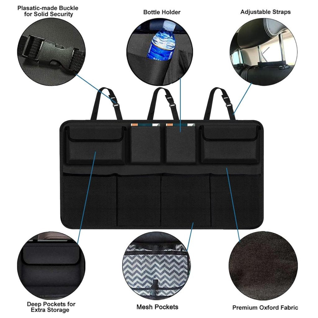 FIZZI SHOP JK SIDHU car backseat trunk organizer with multiple compartments for storage and organization in vehicle interior.