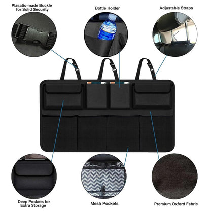 FIZZI SHOP JK SIDHU car backseat trunk organizer with multiple compartments for storage and organization in vehicle interior.