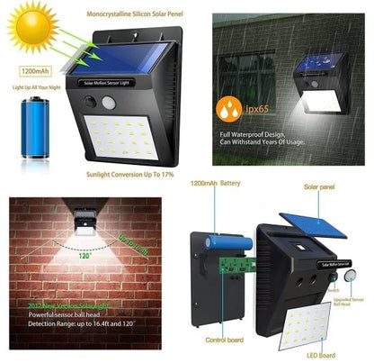 20 LED solar light with motion sensor from FIZZI SHOP illuminating outdoor area at night