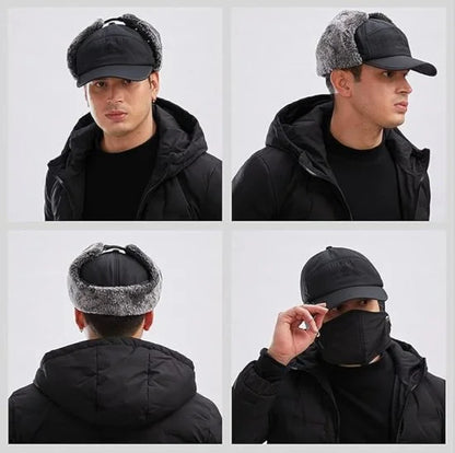 FIZZI SHOP winter woolen cap with built-in face mask, warm outdoor headgear for cold weather, black knit material with ear coverage