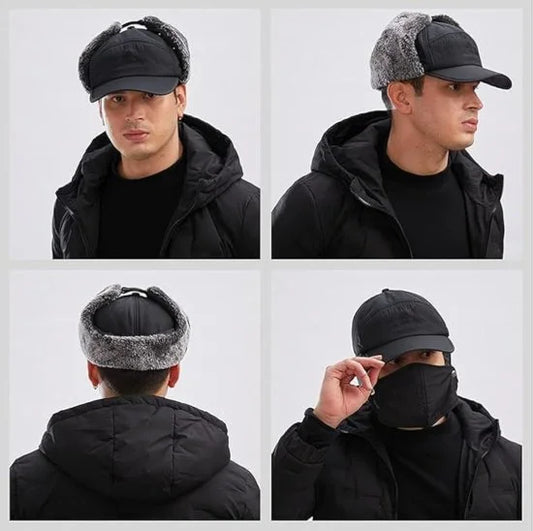 FIZZI SHOP winter woolen cap with built-in face mask, warm outdoor headgear for cold weather, black knit material with ear coverage