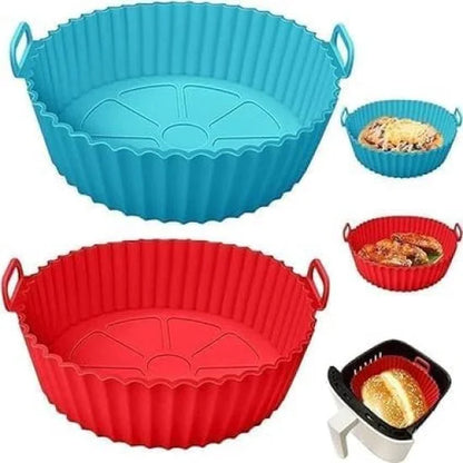 Six FIZZI SHOP air fryer silicone pots stacked, flexible oven-safe cooking accessories for even heat distribution and easy cleaning.